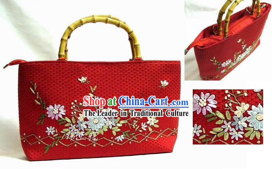 Chinese Hand Embroidery Rectangle Bamboo Handle Bag for Woman