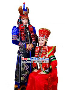 Traditional Chinese Mongolian Long Robe and Hat Complete Set