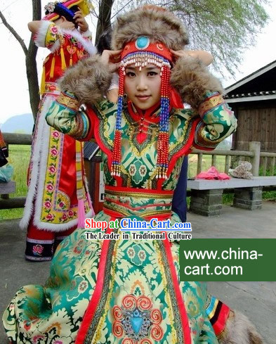 Chinese Traditional Mongolian Clothing and Hat Complete Set