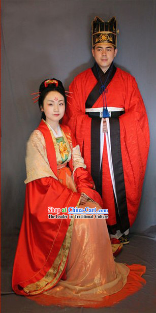 Tang Dynasty Wedding Dress Two Sets for Bride and Bridegroom