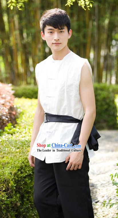 Traditional Chinese Cotton and Flax Sleeveless Kung Fu Uniform for Men