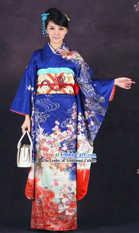 Traditional Japanese Blue Furisode Kimono for Women