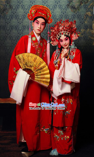 Chinese Beijing Opera Red Sheng and Dan Actress and Actor Two Costumes and Hats