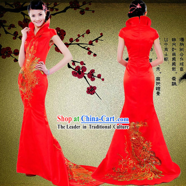 High Collar Traditional Chinese Red Phoenix Wedding Dress for Brides