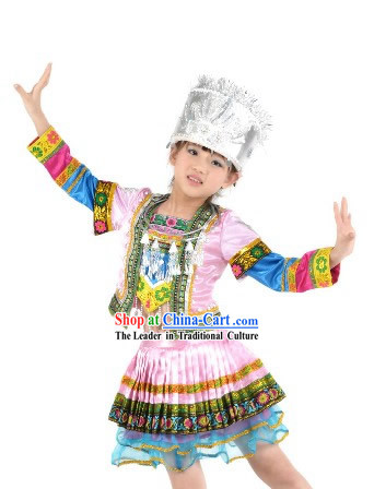 Chinese Miao Ethnic National Dance Costume and Silver Crown Complete Set for Children