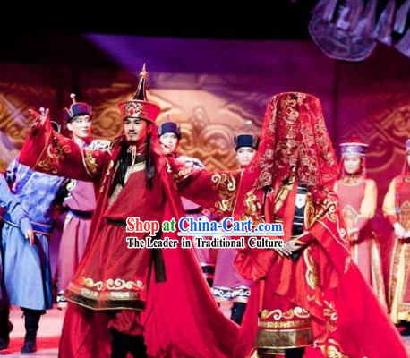 Ancient Chinese Mongolian Wedding Clothing and Hats for Men and Women