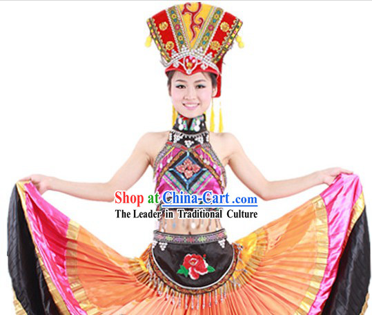 Traditional Chinese Yi Nationality Ethnic Attire and Hat for Women