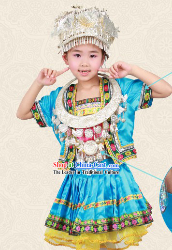 Blue Chinese Miao Ethnic Group Clothing and Hat for Children