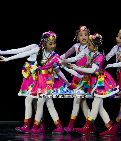 Stage Performance Tibetan Dance Costumes and Headwear Complete Set for Kids