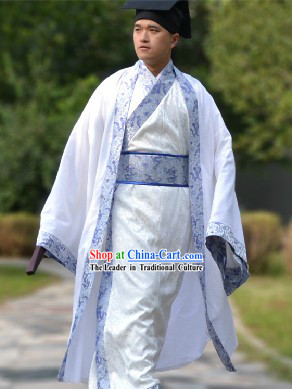 Blue Traditional Ancient Chinese Hanfu Clothing and Hat Complete Set for Men