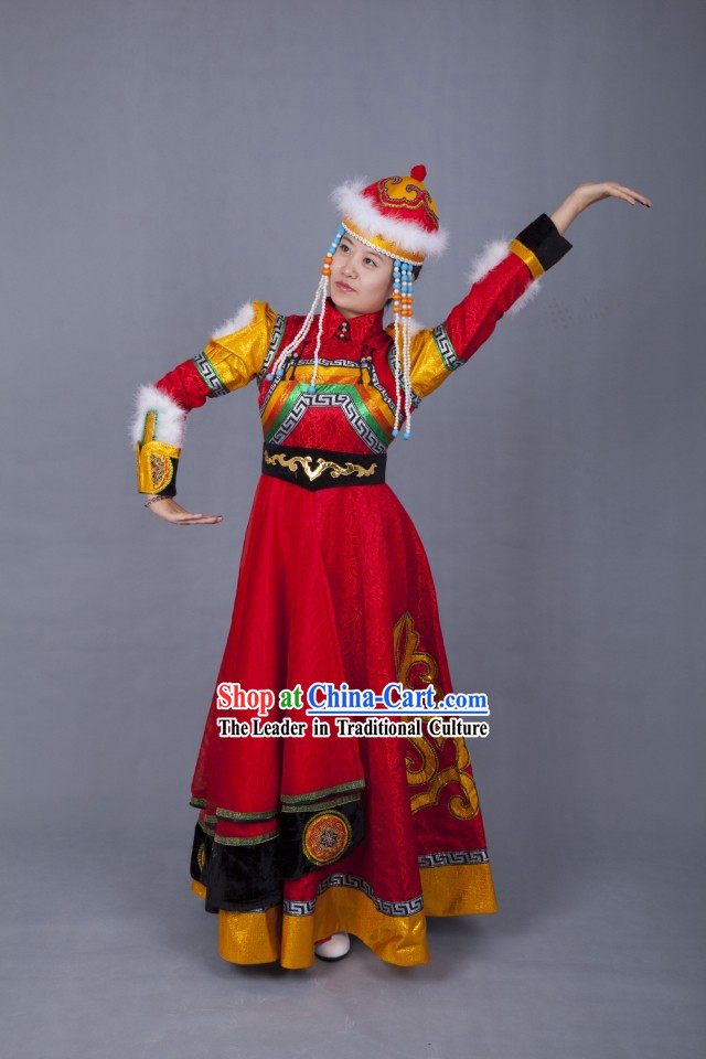 Traditional Chinese Ethnic Mongolian Wedding Dress and Hat Complete Set for Women