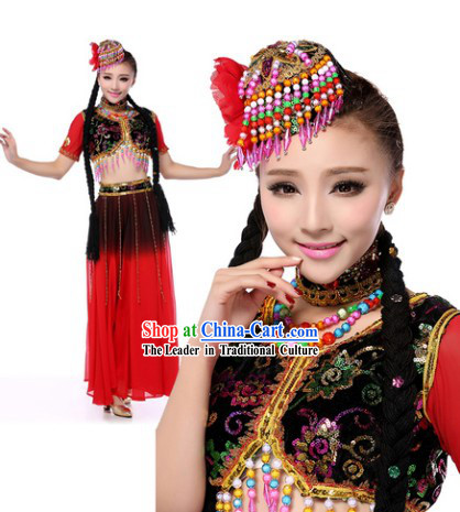 Traditional Xinjiang Dance Costumes and Headdress for Women