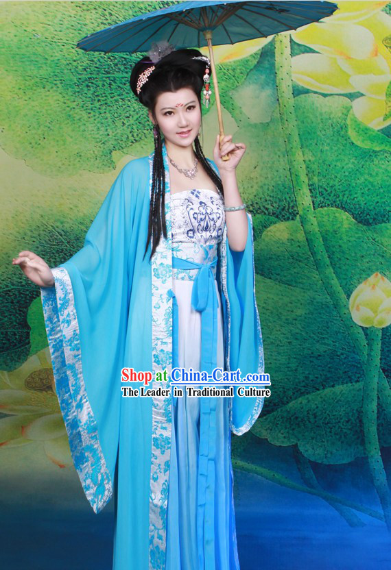 Ancient Chinese Tang Dynasty Blue Clothes for Women