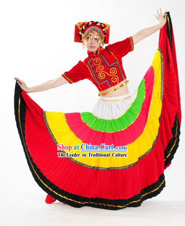 Chinese Folk Yi Minority Ethnic Dance Costumes and Hat for Women