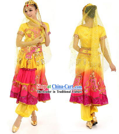 Yellow Indian Dance Costumes and Hat for Women