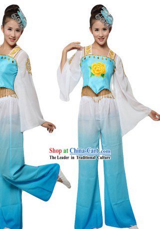 Chinese Blue Yangge Dance Costumes and Headpiece for Women