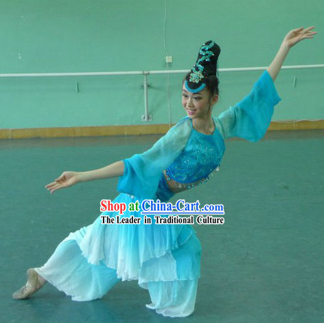 Chinese Classic Blue Dance Costumes and Headpiece for Women