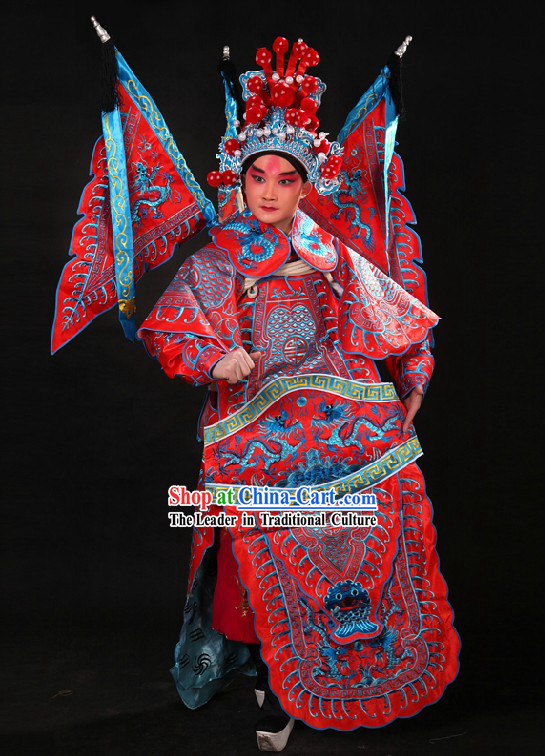 Chinese Opera Embroidered Wu Sheng General Armor Costume and Helmet for Men