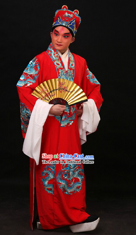 Red Chinese Imperial Embroidered Emperor Dragon Robe and Hat for Men