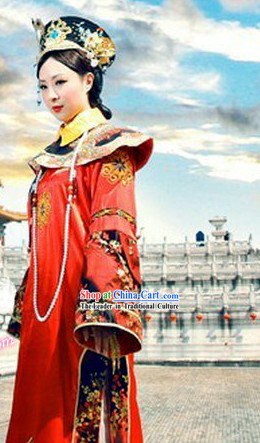 Qing Dynasty Imperial Empress Costumes and Crown Complete Set