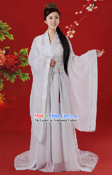 Chinese Classical White Dragon Lady Costumes and Accessories Complete Set