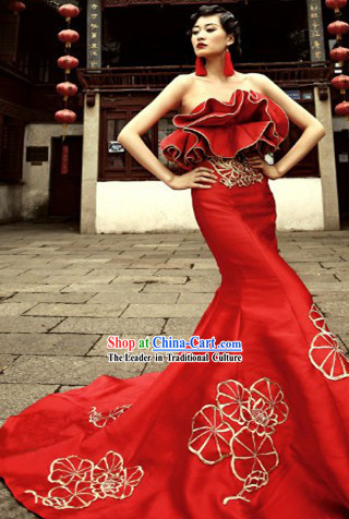 2013 New Design Red Long Trail Wedding Evening Dress