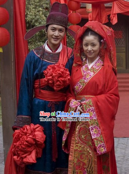 Ancient Traditional Chinese Wedding Dresses and Hat for Brides and Bridegrooms