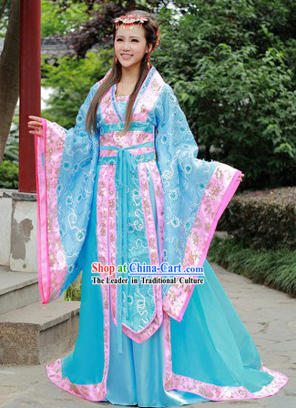 Blue Flower Traditional Ancient Chinese Tang Dynasty Empress Outfit for Women