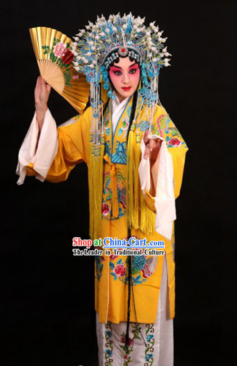 Yellow Chinese Peking Opera Empress Costumes and Phoenix Coronet Complete Set for Women