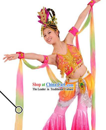 Traditional Chinese Long Ribbon Dancing Costumes and Headwear for Women