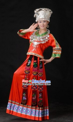 Traditional Chinese Miao Tribe Outfit and Silver Hat