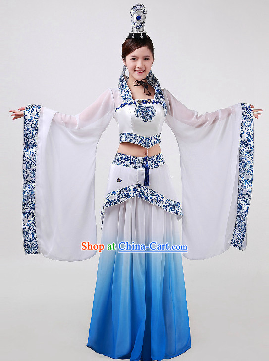 Top Chinese Blue and White Classical Dancing Costumes and Headwear Full Set for Women