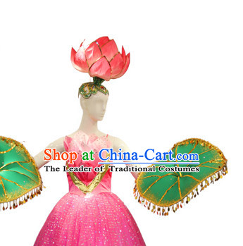 Chinese Classic Folk Lotus Dance Costumes and Headwear Complete Set for Women