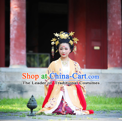 Ancient Chinese Tang Dynasty Long Black Wigs and Hair Jewelry for Women