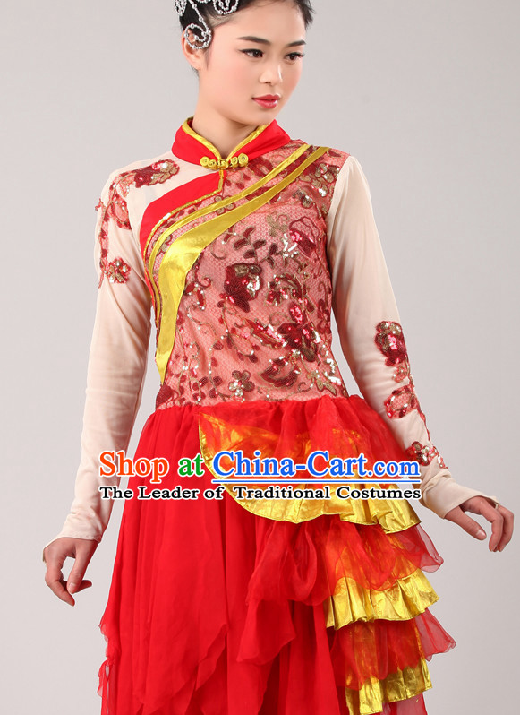 Chinese Costume Folk Chinese Group Dance Costumes Carnival Costumes Fancy Dress National Garment and Hair Accessories