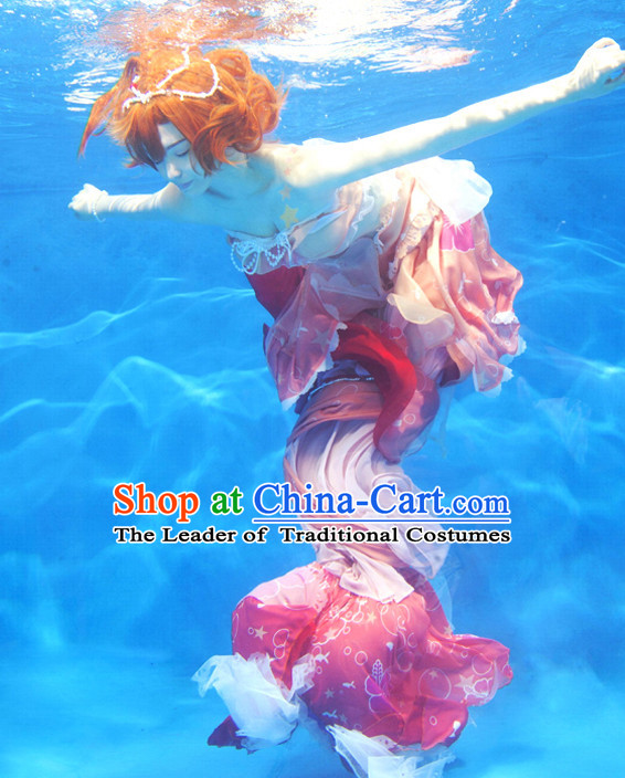 Chinese Mermaid Costume Ancient Chinese Costumes Japanese Korean Asian Fashion Cosplay Suits Outfits Garment Dress Clothes and Hair Jewelry for Women