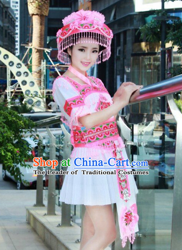 Traditional Chinese Miao Tribe Clothing Suits Garment Outfits and Hat Complete Set for Women or Girls