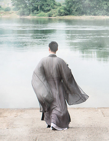 Chinese Traditional Gray Hanfu with Wide Sleeves