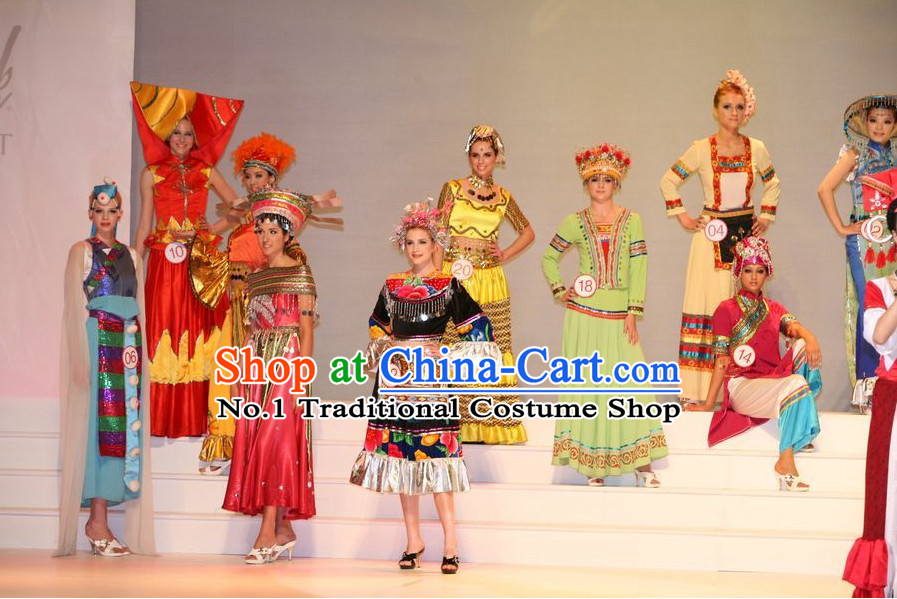 Oriental Clothing Chinese Ethnic Costumes and Headwear Ten Sets