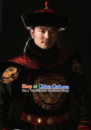 Chinese Qing Dynasty Emperor Dragon Costumes and Hat Complete Set