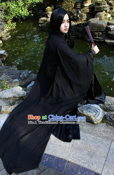 Asia Fashion Chinese Black Swordman Hanfu Costumes and Long Wig