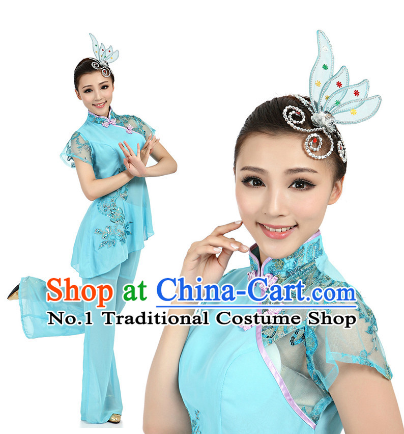 Chinese Fan Dance Costumes Apparel Dance Stores Dance Gear Dance Attire and Hair Accessories Complete Set for Women