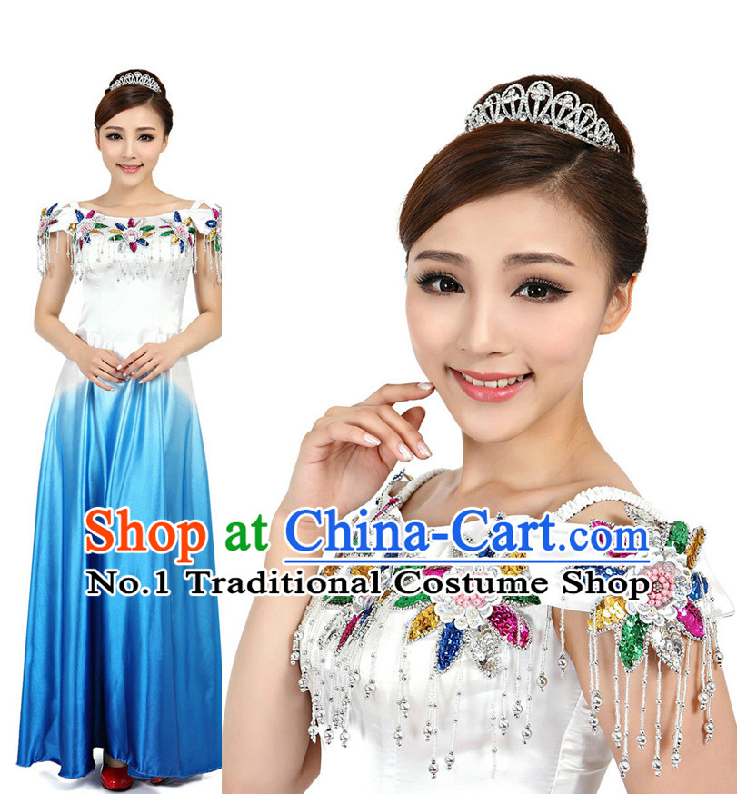 Asian Chinese Professional Stage Costumes Dance Stores Dance Gear Dance Attire and Hair Accessories Complete Set