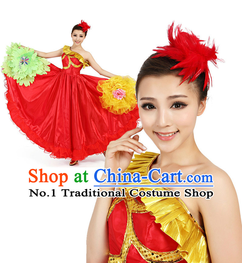 Asian Chinese Professional Stage Costumes Dance Stores Dance Gear Dance Attire and Hair Accessories Complete Set