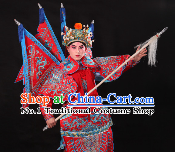 Chinese Beijing Opera Wu Sheng Fighting or Military Character Armor Costumes Flags and Helmet Full Set for Men