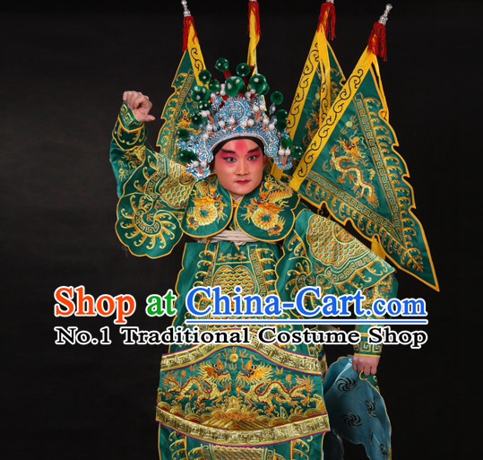 Chinese Green Beijing Opera Wu Sheng Fighting or Military Character Armor Costumes Flags and Helmet Full Set for Men