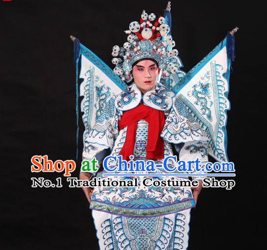 Chinese White Beijing Opera Wu Sheng Fighting or Military Character Armor Costumes Flags and Helmet Full Set for Men