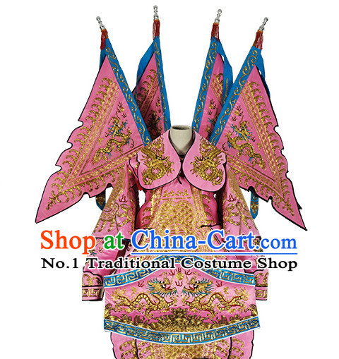 Chinese Pink Theatrical Costume Beijing Opera Costumes Peking Opera Wu Sheng Embroidered Armor Costumes and Flags for Men