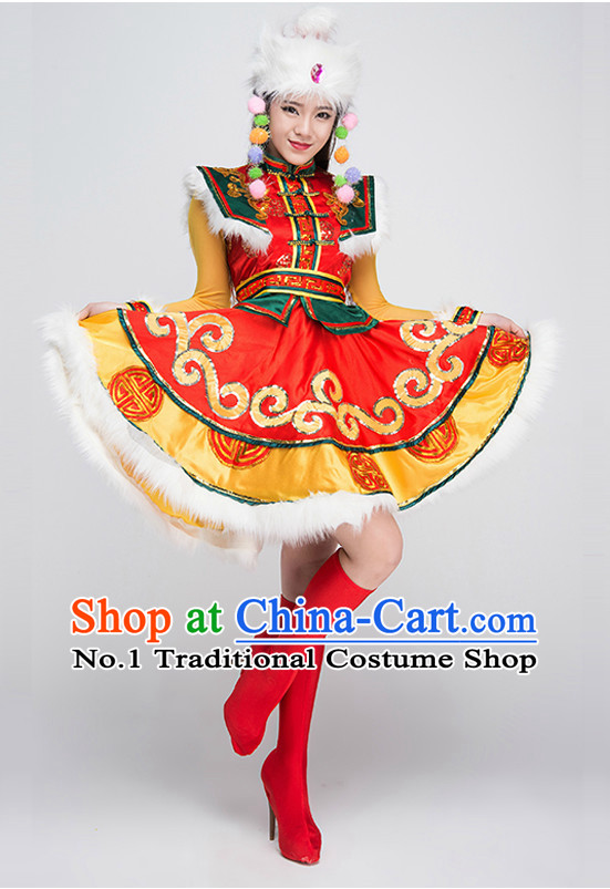 Asian Mongolian Dancing Costumes and Hat Complete Set for Women