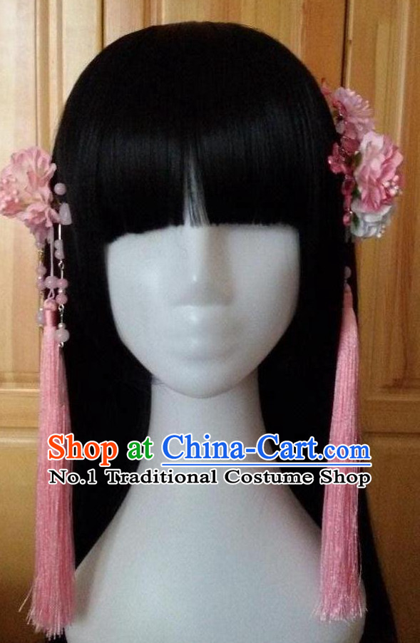 Traditional Chinese Black Wigs and Hair Flowers for Women Buy Wigs online